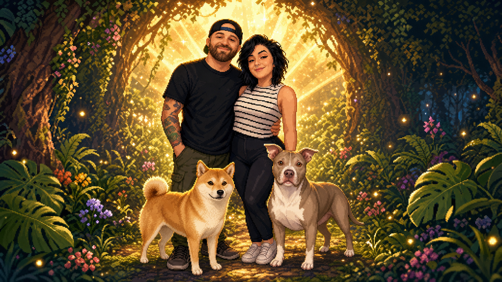 Katie and her boyfriend with Mochi and CC in a glowing pixel-art forest finale